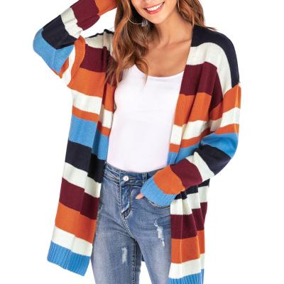 China Wholesale Breathable Plus Size Women Loose Knitted Sweaters Striped Cardigan Sweater Coat for sale