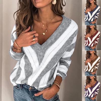 China Hot Selling Knitted Sweater Breathable Striped V-neck Sleeve Pullover Fashion Long Casual Plus Size Women's Sweaters for sale