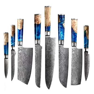 China Viable Custom Logo Multi-Layer Damascus Knife Set Super Kitchen Steel With Resin Handle Damascus Chef Knives Kit for sale