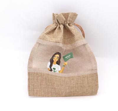 China Recyclable Burlap Gift Pouch, Jute Drawstring Bag With Clear Window for sale