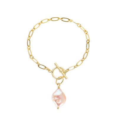 China TRENDY Baroque Pearl Bracelet, Brass Plated With 18K Gold Simple Design Bracelet for sale