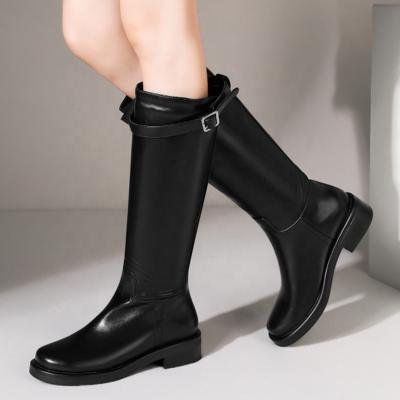 China Fashion Trend Quality Leather Boots Big Round Toe Low Heel Buckle Strap Retro Style Women Boots Shoes Slip On Winter Shoe for sale