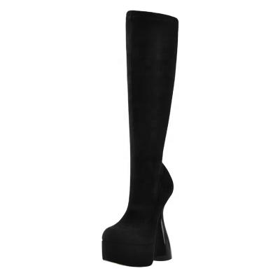 China Fashion Trend Solid Black Round Toe Platform Knee High Boots For Ladies Side Zipper Deeply High Heel Fashion Boots for sale