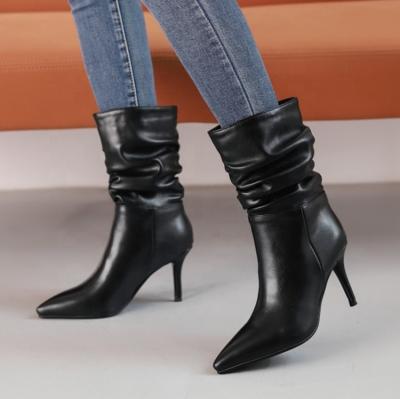 China Height Increasing Fashion Pleated Mid Designed Calfskin Women Boots Plus Size 43 Slip On Toe Short Boots For Ladies Pointed for sale