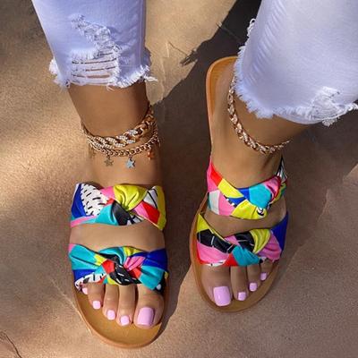 China Fashion Trend Color Block Soft Tied Band Sandal Girls Bedroom Casual Shoes Women Slippers Large Flat Slides Size 43 for sale