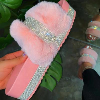 China Fashion Trend Rhinestone Fluffy Fur Stripe Platform Women's Simple Slippers Crystal Diamonds Women Shoes Shiny Slides for sale