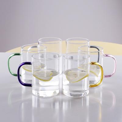 China 300ml Round Cylinder Sustainable High Borosilicate Glass Mug With Colored Handle for sale