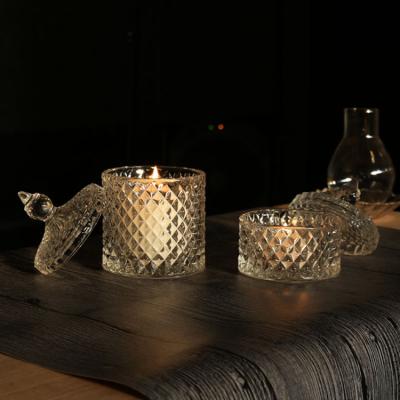 China Home Decoration European Style Embossed Glass Candle Holder With Glass Cover for sale