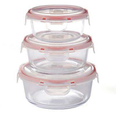 China Viable glass food containerr, round glass storage box with plastic/bamboo lid, glass salad bowl for sale