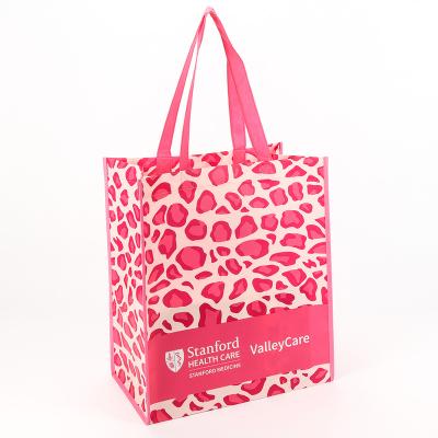 China Customized Pink Leopard Print Eco Friendly Foldable Laminated Non Woven Shopping Tote Bag for sale