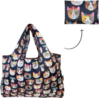 China Custom Bulk Eco-Friendly Cartoon Cat Or Flower Large Reusable Folding Shopping Bag for sale