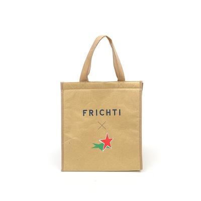 China Reusable Eco-friendly Waterproof Kraft Paper Lunch Bag, Customized Logo Printed Grocery Packaging Food Delivery Insulated Cooler Folding Bag for sale