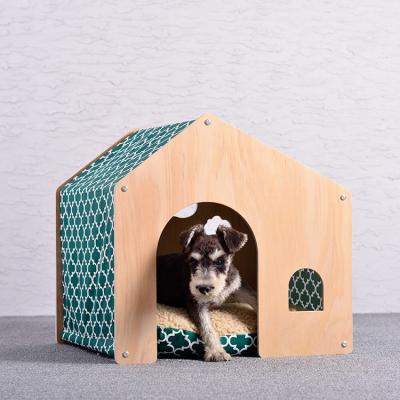 China Breathable Solid Wood House Shaped Indoor Pet Beds Kennel Furniture Printed Dog Bed for sale