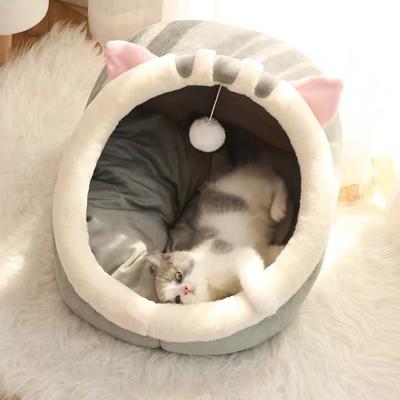 China Luxury Soothing Pet Bed Soft Comfortable Cat Bed Warm Pet Basket Kitten Lounger Cushion Travel Cat House for sale