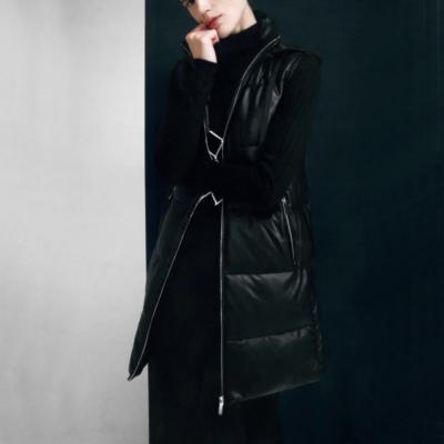 China Winter Vests Women Fashion Zipper Solid Black Hooded PU Leather Coated A Line Long Vests for sale