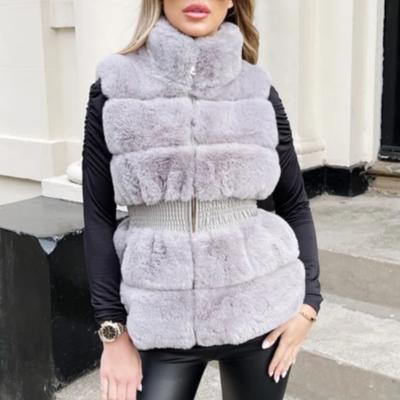 China Breathable Faux Rabbit Fur Vests Women Invests Stylish Artificial Fur Coats Women Stand Collar Gathered Waisted Invests Ladies for sale