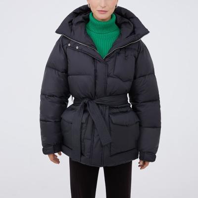 China Winter Women Hooded Thick Warm Breathable Parkas Stylish Solid Link Belt Coated Women Winter Pockets Cotton Jackets Ladies for sale