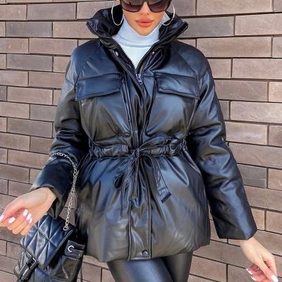 China Women's Breathable Deep Hold Collar Women's Winter Stylish Pu Coats Women's Cotton Drawstring Leather Jackets Ladies Parkas for sale