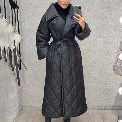 China New Breathable Winter Notched Parkas Women Stylish Side Pockets Long Coats Womens Argyle Tie Belt Cotton Jackets Ladies 1005003293948942 for sale