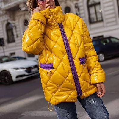 China Stylish Women Argyle Cotton Jackets Ladies Shiny Yellow Winter Fashion Zipper Coats Stand Collar Breathable Women Parkas for sale