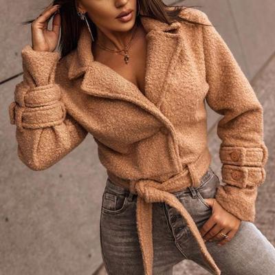 China Autumn Winter Notched Jackets Women's Breathable Stylish Tie Belt Shorts Coated Solid Women's Lamb Fur Jackets Ladies for sale