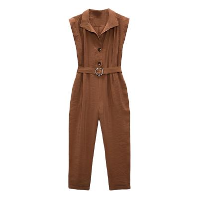 China QUICK DRY Turn Down Collar Overalls Women Fashion Front Breasted Tie Belt Jumpsuit Sleeveless Overalls for sale