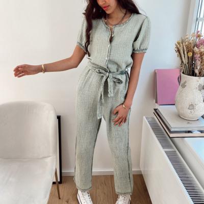 China Lady Anti-Static Solid Overalls Waist Belt Tie Ankle Length Elegant Lady Jumpsuits for sale