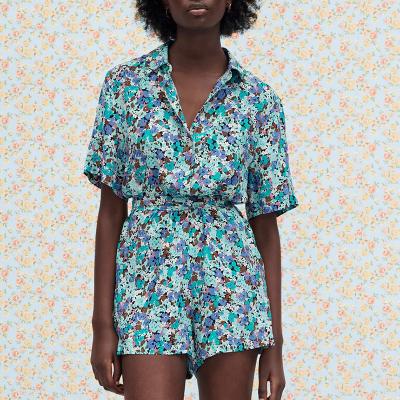 China Vintage Floral Printed Anti-Static Women Overalls Elegant Short Sleeve Lady Jumpsuit for sale