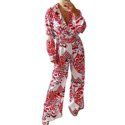 China Breathable Fashion Loose Wide Leg Printed Elegant Women Spring Full Length Overalls for sale