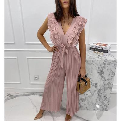 China QUICK DRY V Neck Tie Belt Cascading Folds Summer Overalls Women Full Length Wide Leg Overalls for sale