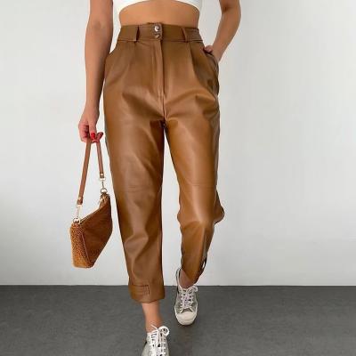 China Women Fashion High Waisted Solid Casual Elegant Loose Faux Leather Pockets Ankle Length Pants for sale