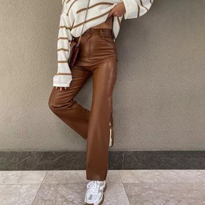 China Fashion Faux Leather High Waisted Solid Loose Elegant Casual Women Full Straight Pants for sale