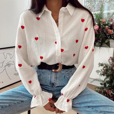 China Anti-wrinkle new fashion casual turn down collar blouses women elegant long sleeve shirts women red heart embroidery tops ladies for sale