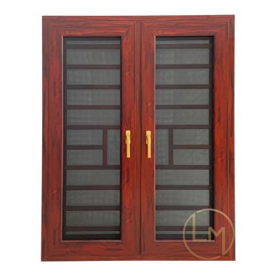 China New Magnetic Screen Design Wood Grain Coated Aluminum Window Burglar Proof For Villa Thermal Break Casement Soundproof Window for sale