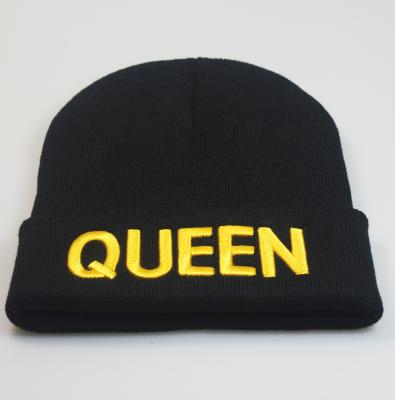 China breathable & King Queened Hats Gold Waterproof Embroidery Knitted Hat Street Dance Hip Hop Couple Sleeve Winter Wool Hats for sale