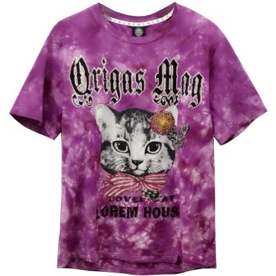 China Fashion Appropriate Good Quality Letter Anti-wrinkle TCH Prices Cat Hot Drilling Purple Tie-Dye Short Sleeve T-Shirt for sale