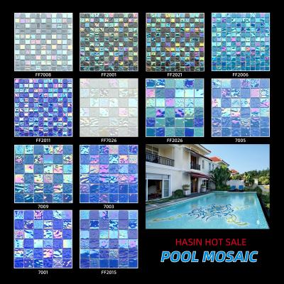 China 300x300mm Colorful Mosaic Blue Parquet Foshan Swimming Pool Outdoor Glass Mosaic Slab for sale