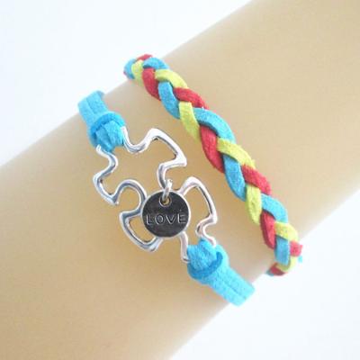 China Fashionable Alloy Autism Awareness Charms Leather Braided Puzzle Bracelet Autism Bracelet Wrap Handmade Jewelry for sale