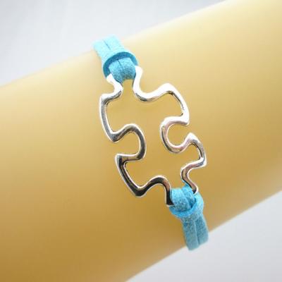 China Hot Wholesale Alloy Autism Awareness Charms Suede Strings Wrap Beaded Braided Bracelet Autism Puzzle Bracelet for sale