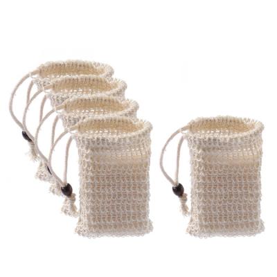 China Eco Friendly Natural Color Drawstring Exfoliating Scrub Organic Mesh Sisal Pouch Shower Soap Bag for sale