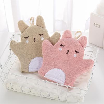 China EXFOLIATING Cute Rabbit Shape Optional Three Color Polyester Gloves Cleansing Body Exfoliating Scrubber Bath Gloves for sale