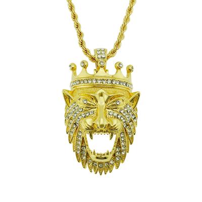 China Cool Stereoscopic Diamond Lion Head Hip Hop Hippie Crown Pendant Necklace European FASHION for sale