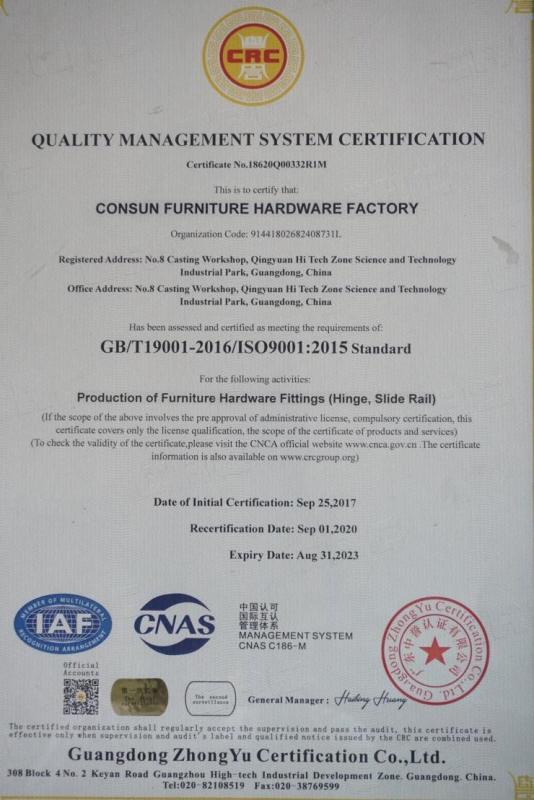 ISO9001 - Qingyuan Consun Hardware Electrical Products Company Limited