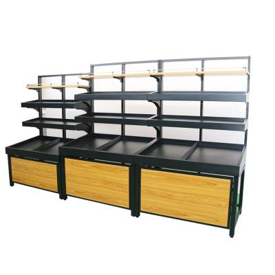 China Fashion double sided steel and wooden transfer supermarket product vegetable and fruit display rack for sale