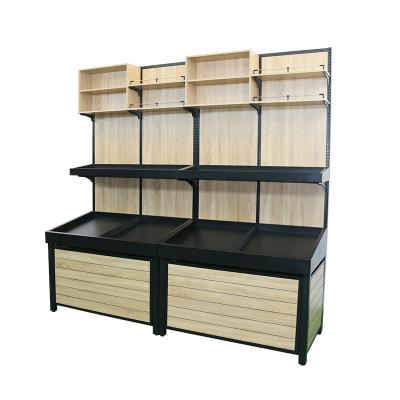 China Double Sided Low Price Super Markets Fruit Display Rack Fruit Veg Display Wooden Fruit Stand Vegetable Rack for sale