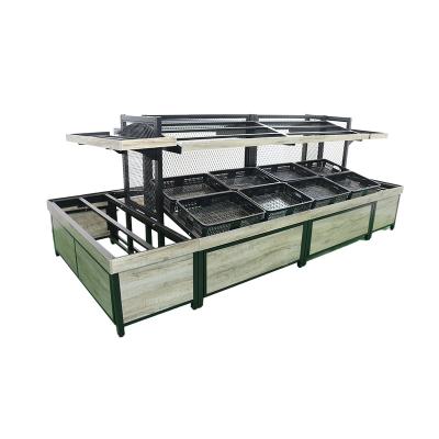 China Supermarket Equipment Display Rack Double Sided Wooden Supermarket Shelves Fruit Vegetable Display Rack for sale