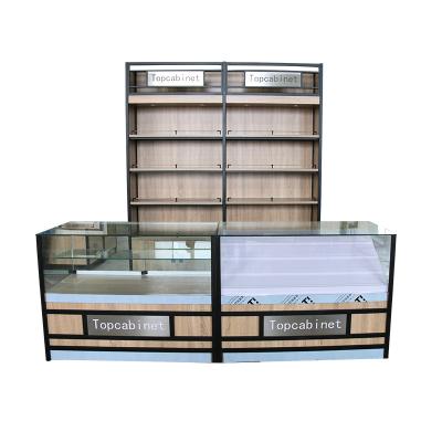 China Single Sided Wooden Shop Display Shelves Voucher Price Wooden Cabinet Supermarket Glass Display Counter for sale