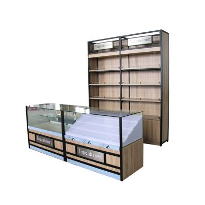 China Shop Furniture Supermarket Store Showcase Glass Cabinet Single Sided Wholesale Wooden Glass Display Stand for sale