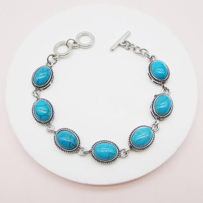 China FASHIONABLE Handmade Natural Oval Shape Gemstone Turquoise Vintage Sterling Silver Beaded Bracelets for sale