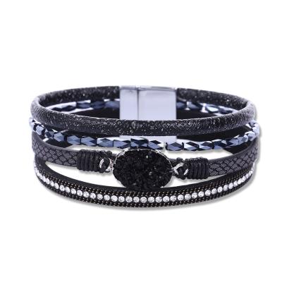 China BOHEMIA Black Magnetic Clasp Crystal Bead Druzy Agate Leather Multilayer Wrap Braided Bracelet for sale